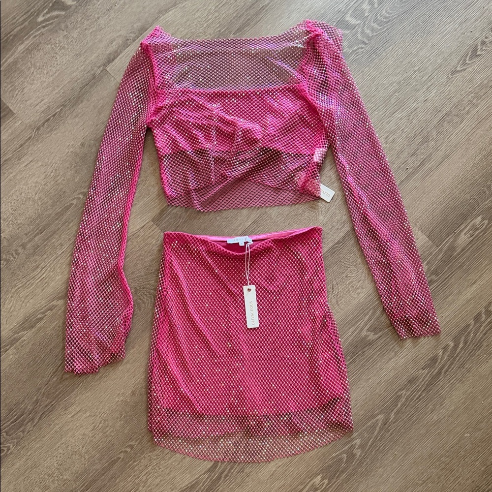 Olivaceous Fuchsia Mesh Skirt Set